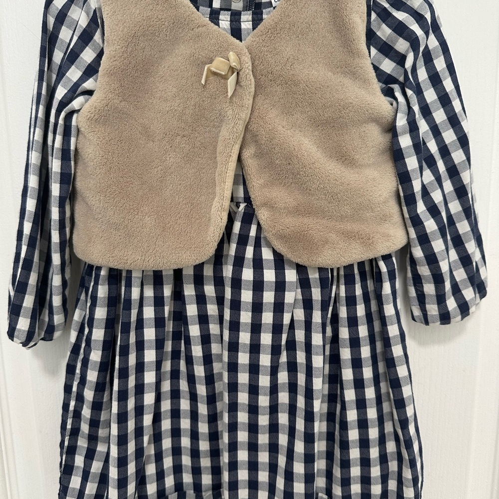 Carter's Blue Plaid Dress with Beige Vest and White Tights
